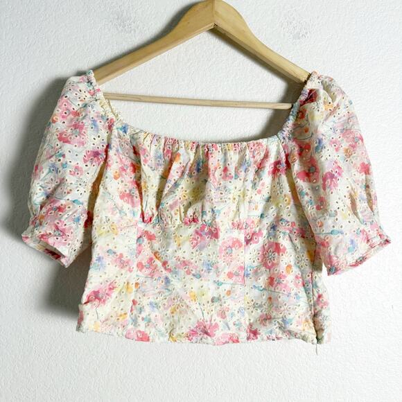 ASTR The Label Bondi Cream Pink Floral Eyelet Puff Sleeve Square Neck Top Size M - Picture 3 of 9